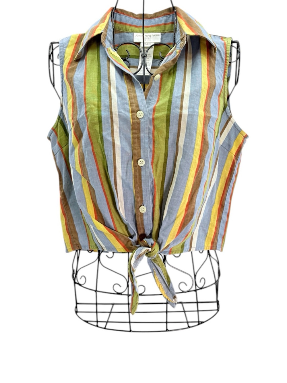 Jones New York Multi-Color Striped Tie-Front Sleeveless Button-Down Top Size PS
